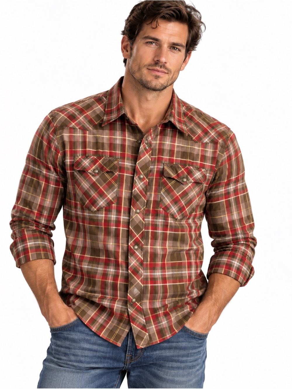 American Eagle Outfitters Brown & Red Plaid Button-Down Shirt-Size Medium
